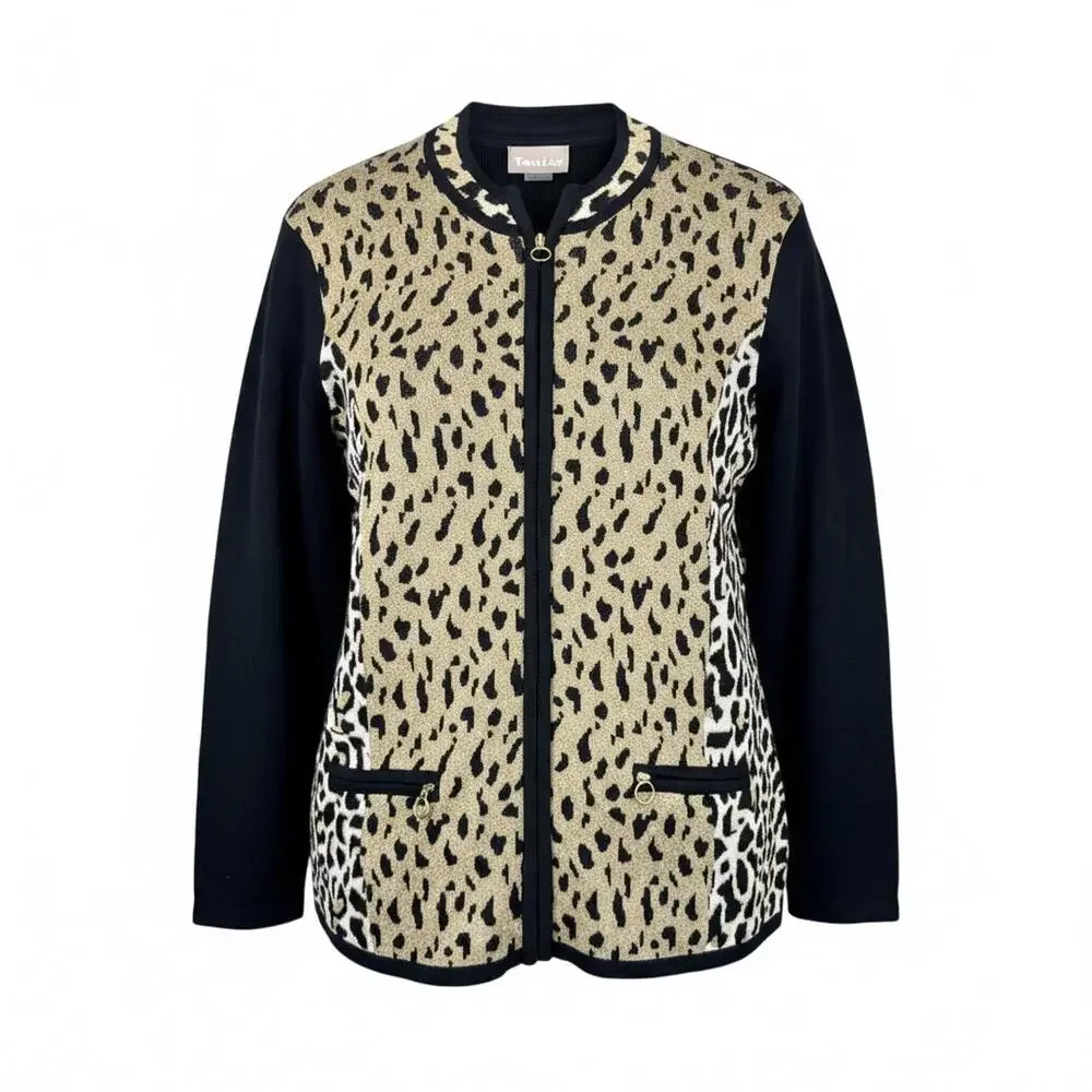 TanJay Women's Animal Print Zip-Up Cardigan Jacket XL Cheetah Leopard Black Gold